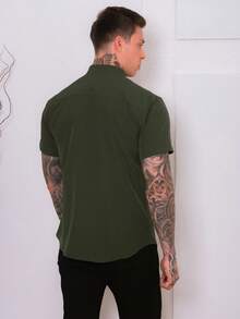 Men's Luxury Priest Collar Dress Shirt With Short Sleeve Slim Fit Linen And Viscose Premium Fabric - 軍綠色 - 查看 3