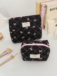 Pink Ribbon Bow Print Cosmetics Organizer Bag Black Makeup Bag Quilted Portable Travel Toiletry Bag With Zipper Large Capacity Makeup Pouch For Travel - Black - View 6
