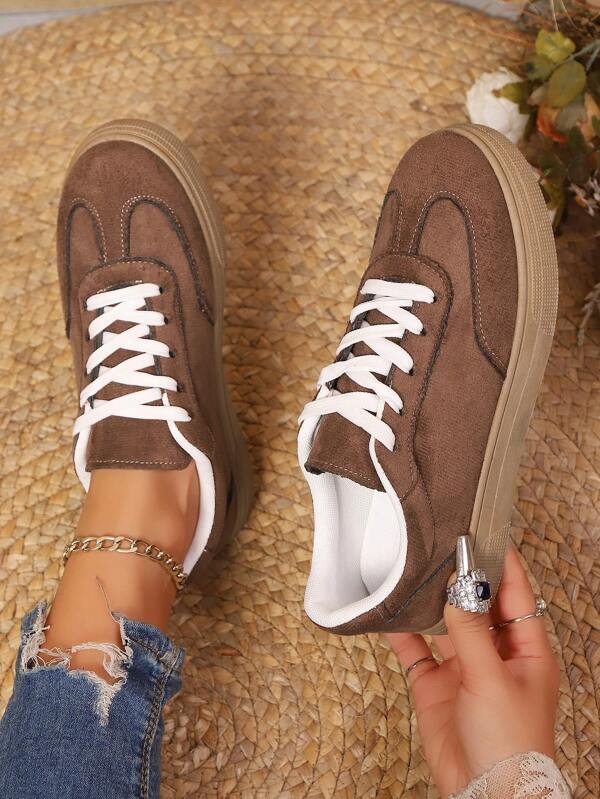Women's Fashionable Versatile Solid Color Casual Sneakers, Lace-Up Design, Suitable For Students