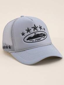 1pc Men's Five-Pointed Star Embroidery Trucker Cap, Fashion Baseball Hat With Sun Protection For Outdoor, Casual, Spring/Autumn Travel, Beach Vacation