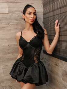 Carolina Barros Elegant Solid Color Lace Patchwork Cup Bustier Waist Floral Ruffle Hem Spaghetti Strap Mini Dress,Sun Dress - Black - View 2