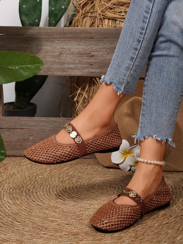Bailarinas planas de estilo bohemio para mujer con puntera redonda, de slip-on, con hebilla metálica decorativa, suela suave y transpirable, cómodas, ligeras y de moda, tipo Maryjane