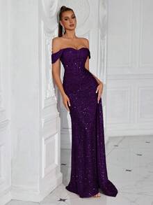 ADYCE Sequin V-Neck Mermaid Hem Ruched Waist Front Slit Open Back Maxi Party Dress - 紫色 - 查看 8