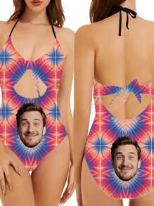 1 pieza Traje de baño de una sola pieza con estampado facial personalizado para mujer, diseño sexy y de moda con lazo hueco, impresión facial personalizable, apto para piscina, playa, vacaciones, niñas