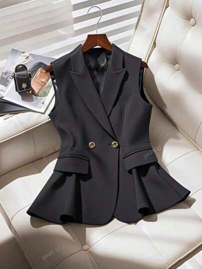 Clásica chaqueta chaleco negro de mujer con solapa, cuello casual, botones y sin mangas