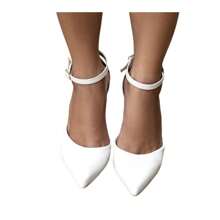 Scarpin Feminino Salto Bloco Alto Confortável Bico Fino com Fivela Branco Elegante Fashion, Scarpin Fivela Tornozelo