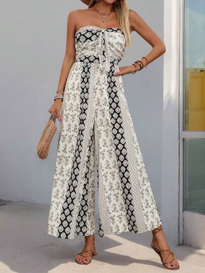 Casual Vacation Sleeveless Geometric Print Jumpsuit