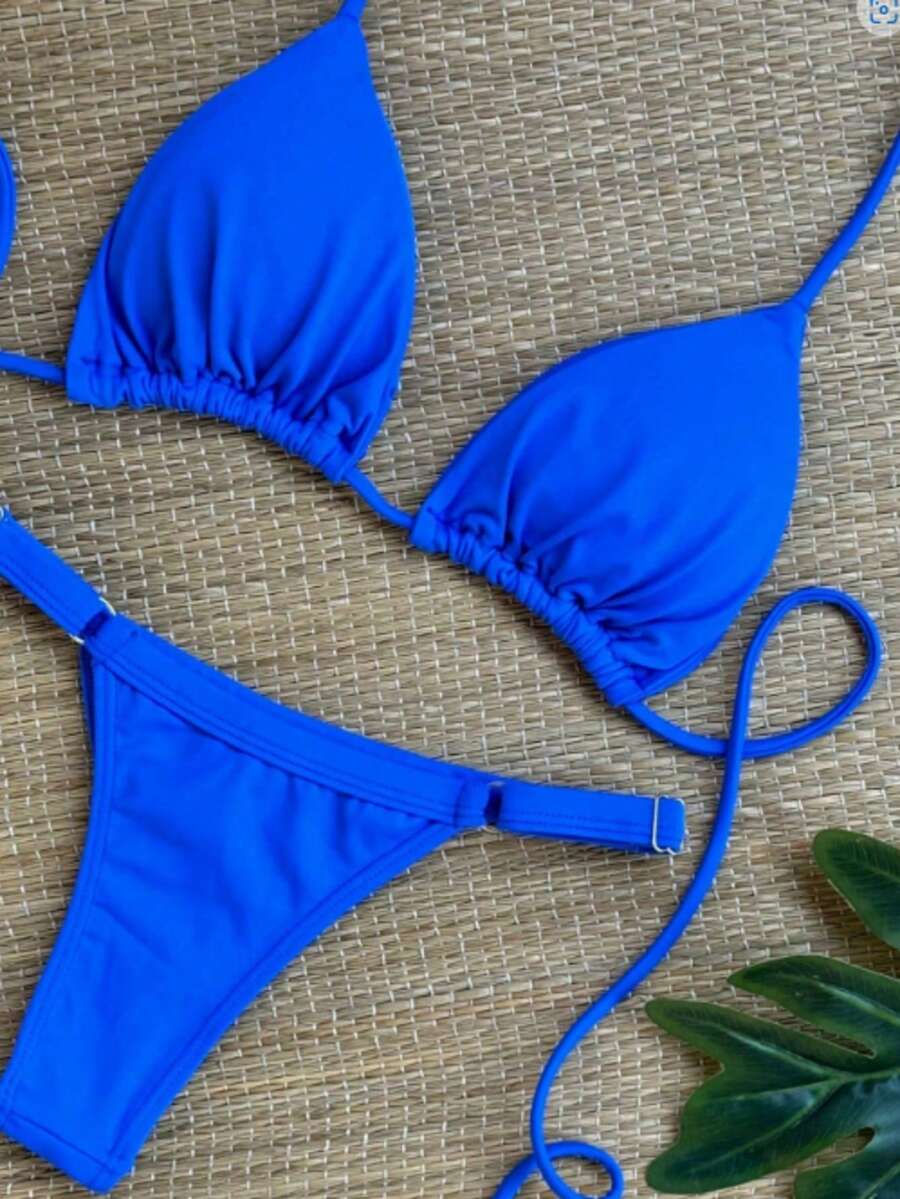 Women's Ribbon Bikini With Bronze Adjustment Summer Beachwear Set - 藍色 - 查看 1