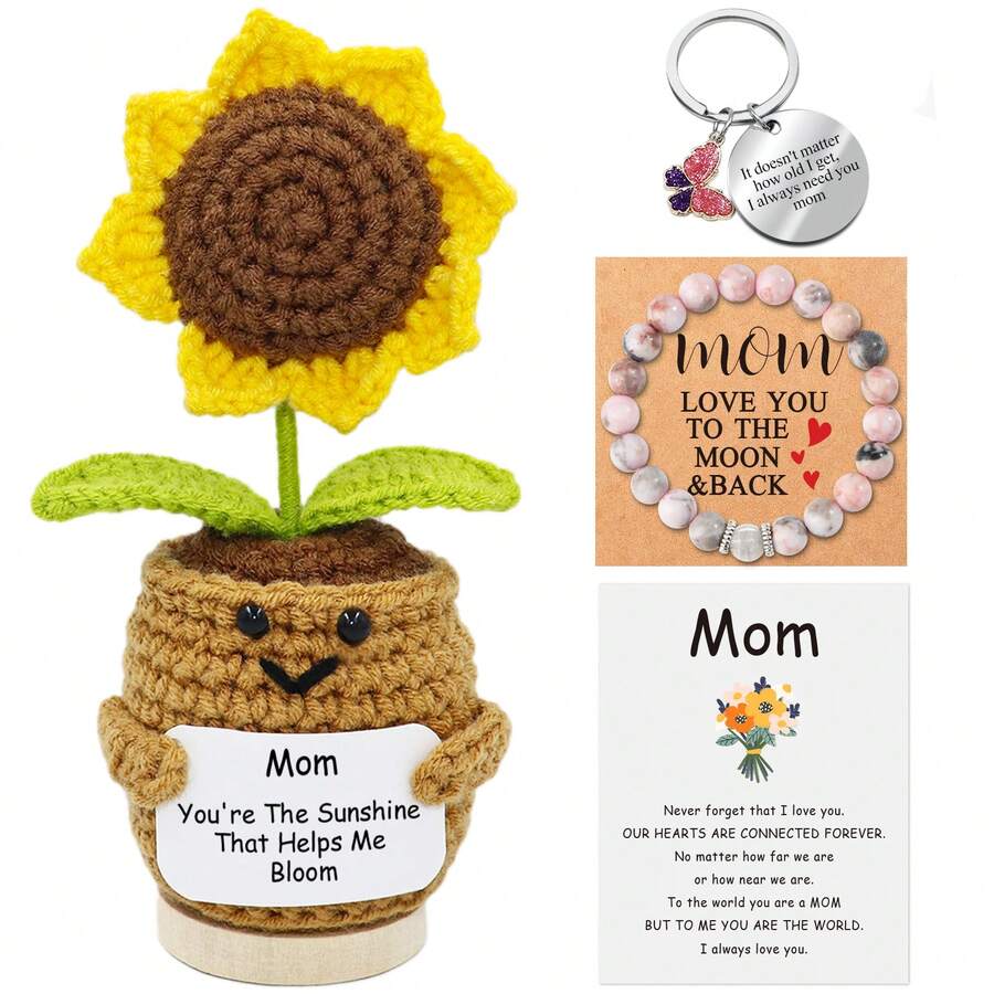 Mom Gifts,Mothers Day Gifts For Mom,Handmade Positive Sunflower Doll Crochet With Card,Keychains,Bracelet And Gift Card,Birthday/Easter Gift