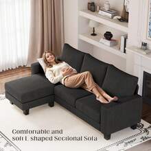 L-Shaped Sectional Sofa, Multi-Seat Modern Sofa With Removable Ottoman, Suitable For Living Rooms, Apartments, Offices,Linen Fabric - 深灰色 - 查看 7