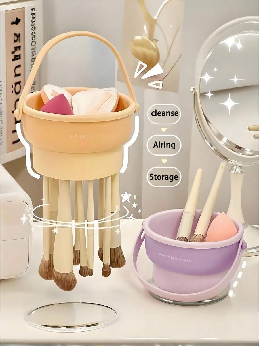 1pc Makeup Brush Holder, Makeup Brush Cleaning Bowl, Silicone Makeup Sponge Holder, All-In-One Cleaning And Drying Organizer - Multicolor - View 1
