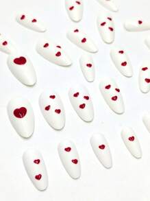 24pcs Almond-Shaped Romantic Minimalist Red Heart Artificial Nail Tips For Parties, Weddings, With 1pc Nail File & 1pc Nail Glue