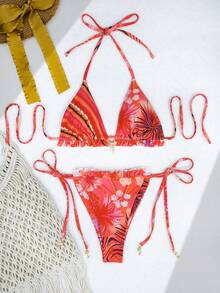 3pcs Set Flower Print Cute Ruched Edge Twist Backless Beachwear - Multicolor - View 6