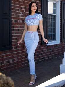 Carolina Barros Set de 2 piezas con blusa de manga corta a rayas y falda larga ceñida, ropa casual de verano y otoño para mujeres