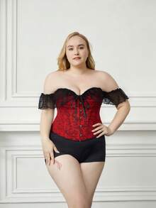 Áo corset trễ vai kiểu cung đình cỡ lớn, viền ren, áo bustier jacquard cổ điển gợi cảm, áo định hình vòng một quyến rũ cho kỳ nghỉ hè. - Màu Đỏ Sâu - Xem 10