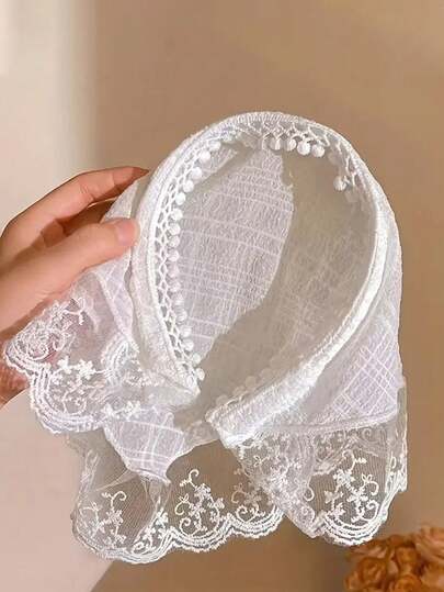 1 件优雅蕾丝针织三角围巾 - 女孩时尚防晒头带，可爱甜美风格，夏季，多巴胺头带复古法国乡村花卉头带，适合化妆和摄影，时尚头饰 | 蕾丝细节帽子 | 装饰假发