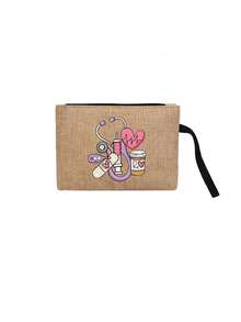 1/2pcs Nurse Theme Handbag & Cosmetic Bag Set, Patchwork Linen Tote Bag, Casual Style, Adjustable Shoulder Strap, Printed With Stethoscope, Heart, Syringe, Thermometer Patterns, Suitable For Commuting, Campus Life, Travel, Medical Events, Also A Thoughtful Gift For Holidays, Nurses' Day, Teachers' Day, Anniversary, Etc. - Khaki - View 12