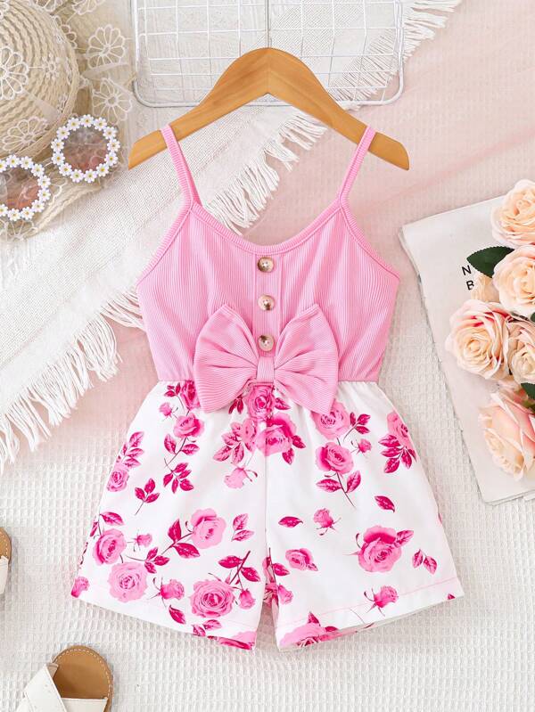 Modischer, lässiger Jumpsuit aus fuchsiafarbenem Strick-Camisole mit Patchwork-DigitalBlumen Muster für Kleine Mädchen, geeignet für Ausgehen, Outdoor, Freizeit, Urlaub und Zuhause, Sommer