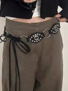 1 pieza Cinturón de mujer de material PU negro con hebilla redonda, remaches y lazo para la cintura, para verano, escuela, otoño, Halloween