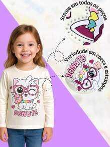 Kit 05 Blusinhas Manga Longa Feminina Roupa Infantil Menina Criança Com Silk Pedraria Cores Sortidas