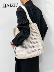 ENBEI Large Capacity Crochet Shopping Bag, Fashion Tote Bag For College Students, Female Office Workers, Multi-Purpose Commuter Bag, Easter And Christmas Gift Beach Bag Tote Bag Summer Beach Tote Bag For Women Beach Bag Women Handbag Women Crochet Bag Beach Tote Bag Beach Essential Beach Bag Handbag, Perfect Match With Crochet Set, Beach Necessities,Beach Essentials,Beach Stuff & Summer Essentials - Beige - View 4