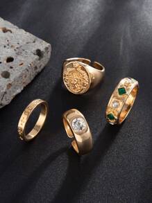 4pcs Men's Luxury Fashion Glitter Geometric Diamond Ring, Vintage Punk Cross Decor Gold Metal Ring Set