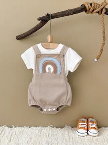 2pcs/Set Cute Rainbow Embroidered Short Sleeve T-Shirt + Bib Overall Romper Summer Outfit For Baby Boys