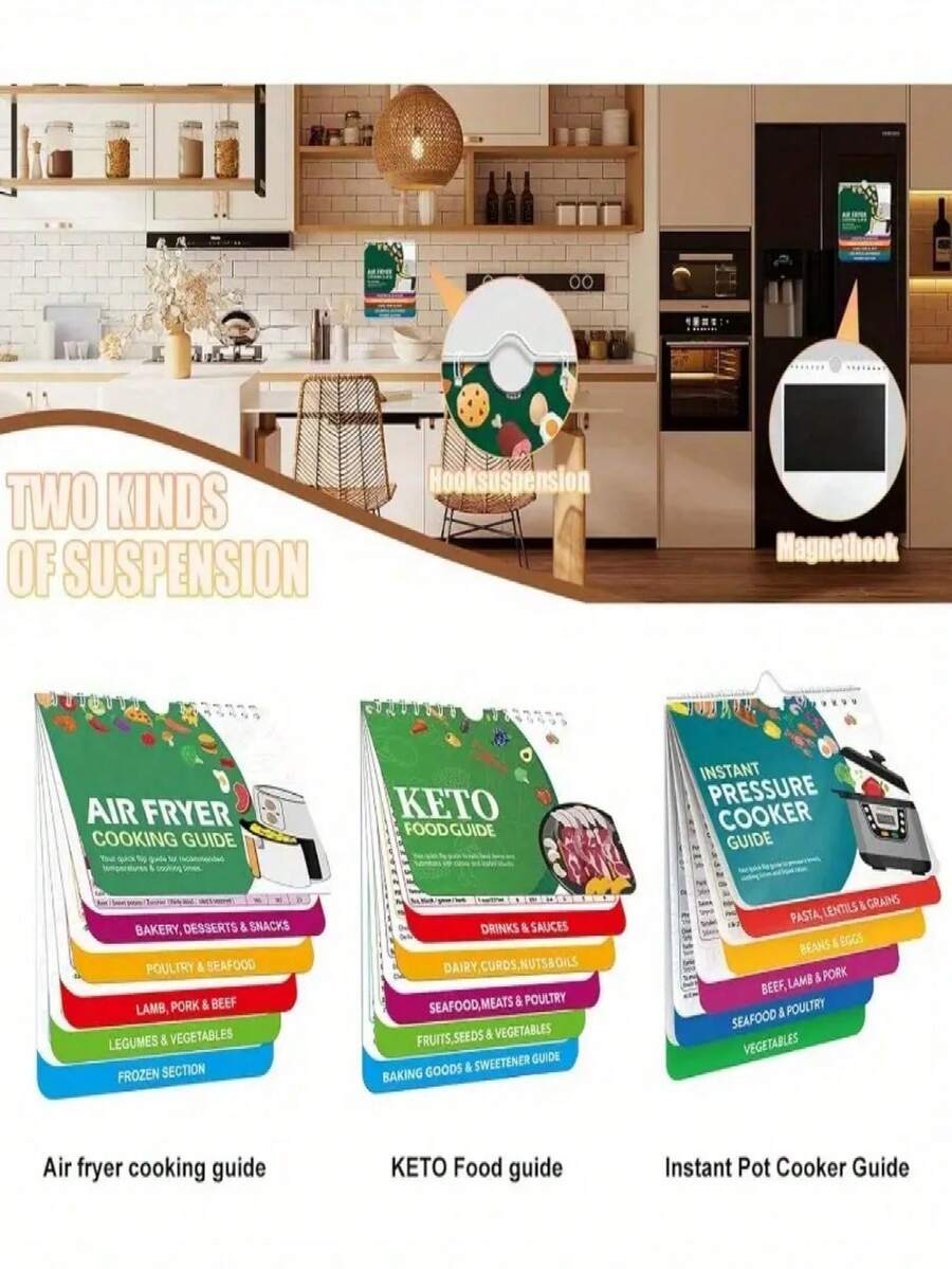 3 件套空气炸锅烹饪指南，生酮食物和即食压力锅参考，磁性快速清单书籍，附烹饪时间表，纸质和 PVC 材质，非接触式食物，混合颜色