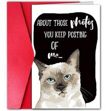 1 pieza Tarjeta de cumpleaños humorística con diseño de gato siamés y divertido mensaje "Sobre esas fotos" - Tarjeta de felicitación con tema de animales lindos para mujeres, hombres, familia, amigos - Regalo de cumpleaños perfecto para amantes de los gatos, producto de papel de calidad - Multicolor - Ver 10