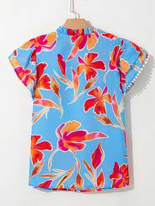 Acelitt Hellblaue Bluse mit Blume Muster, V-Ausschnitt, Rüschenärmeln und Bommel-Saum, Sommer - Verschiedenfarbig - Übersicht 4