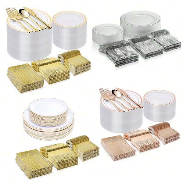 50 Peças/Conjunto Pratos de Louça Dourados/Prateados/Rosa Dourado/Jade Branco, Conjunto de Louças para Festa de 10 Pessoas, Pratos de Sobremesa, Pratos de Salada, Bandejas de Jantar de 10,25" e 7,5", Adequado para Halloween, Natal, Casamentos, Festas, Jantares