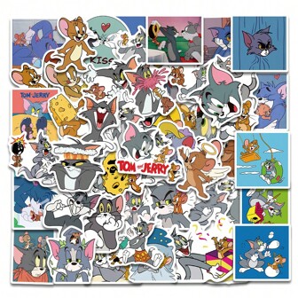 TOM AND JERRY. 50 piezas Pegatinas de papelería con gato y ratón de dibujos animados en PVC para teléfono, portátil, divertidos graffitis, pegatinas, útiles escolares, de vuelta a la escuela