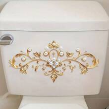 Gold Vintage Floral Toilet Seat Decal - Self-Adhesive Bathroom Wall Sticker With Intricate Embossed Design, Matte Finish, Elegant Home Surface Decoration, Elegant Home Decor | Vintage Floral Decoration | Matte Decals, Bathroom Decor And Accessories Bathroom Accessories Bathroom Organizer Fall Decor Back To School