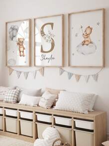 3 Stück Rahmenlose / Holzrahmen personalisierte Namenskunst Cartoon Bär Leinwandposter Mond Sterne Hintergrund Hängende Bilder Boho Wandkunst Mädchen Schlafzimmer Kinderzimmer Babyzimmer Wanddekoration Geschenk, Valentinstag, Valentinstag Dekoration, schimmelbeständig, stilvoll, niedlich, farbenfrohe Personalisierung, einzigartig, ideale Geschenke für sie, Freunde, Sohn, Tochter, Schüler, Mitarbeiter, Kinder Schule, Zuhause, Büro Abschluss, gemütlicher Sommer