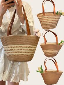 French Rustic Style Ins Straw Bag Female Summer Large Capacity Shoulder Bag Seaside Beach Woven Bucket Bag,Large Capacity Woven Bag For Women,Handheld Shoulder Straw Tote Bag,Bag,Summer Woven Bag - Multicolor - View 3