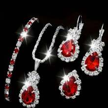 Ladies' Light Luxury Light Blue Rhinestone Heart-Shaped Zirconia Necklace, Earrings And Ring Set - Daily And Party Wear Jewelry Collection, Christmas