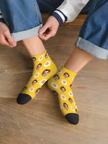 1 Pair Of Printed Socks Men, Custom Personalized Photo, Heat Transfer 360 Degree Print, Personal Face Graphic, Funny Fried Egg Graphic, Premium Summer Socks, Women's Athletic Ankle Socks, Perfect White Socks For Everyday Wear, Makes A Unique Whimsical Gift For Mother's Day, Father's Day And Special Occasions, Black Socks - Multicolor - View 4