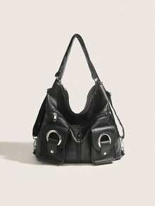 Commute Large Capacity Backpack, Korean Minimalist Chic Versatile Zipper Pocket PU Leather Tote Shoulder Bag - Black - View 5