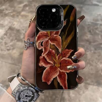 Oil Painting Element Silicone Fashion Oil Painting Lily Flower Vintage Pattern Phone Case Compatible With Apple 16 PROMAX, 15 PROMAX, 14, 16 PLUS, 15, 13P, 12, 11, X, XR, XS MAX, Anti-Drop Colorful Acrylic Protective Cover, Fits Series, Waterproof Shockproof Scratch Resistant Spring Gift