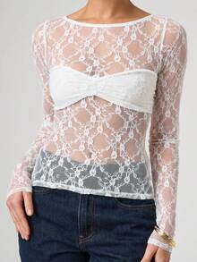 Women's Spring Sheer Short Blouses Long Sleeve Round Neck  Lace Party T-Shirts - 白色 - 查看 4