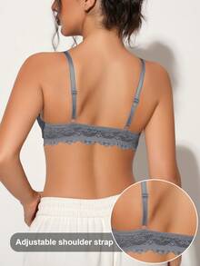 Grey Sexy Lace Front Closure Bra, Women's Thin Cup Comfortable Breathable Pleated Bra - Grey - View 3