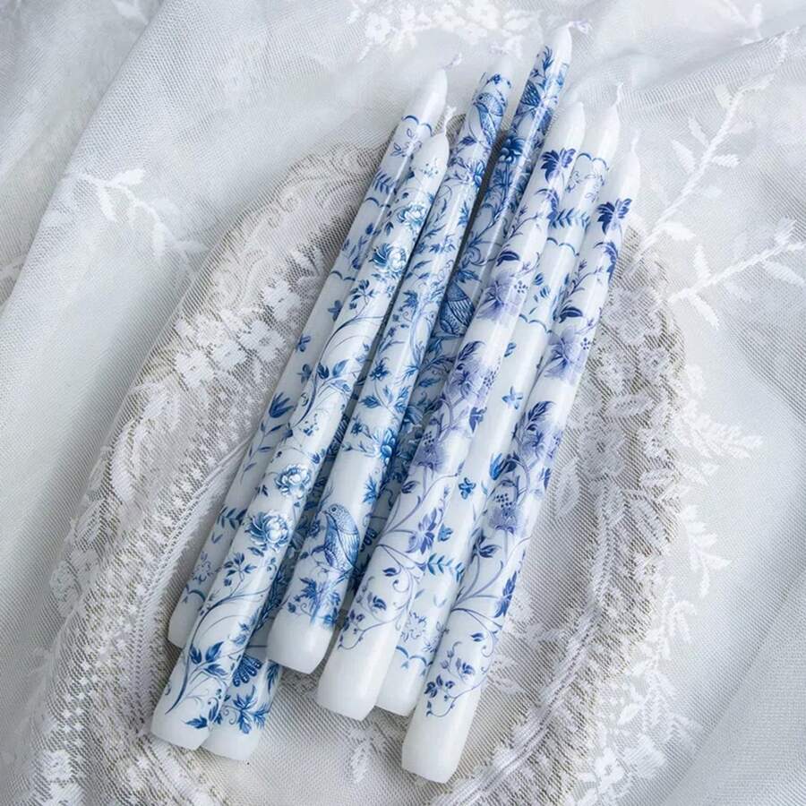 2件裝藍白陶瓷蠟燭台，浪漫燭光晚餐、婚禮、婚禮裝飾、節日派對慶祝香氛蠟燭、家居裝飾蠟燭、無煙蠟燭、返校禮物、萬聖節、聖誕節