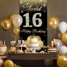 1 pièce Décorations pour les 16e, 18e et 21e anniversaires - Décorations de fête noires et dorées avec bannière de porte, panneau de pelouse et toile de fond pour photo - Fournitures de fête d'anniversaire de 18 ans pour les adolescents