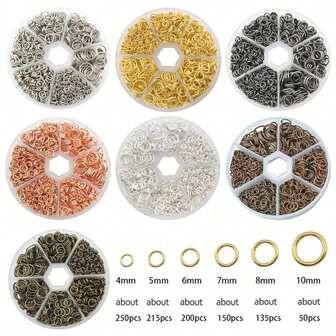 kartong Järnhoppringar Set Blandade storlekar Öppna Jumpringar Rund Ring Platina 1000 st/kartong Blandad storlek Järnhoppringar för gör-det-själv smycken, lämplig för armband och halsband