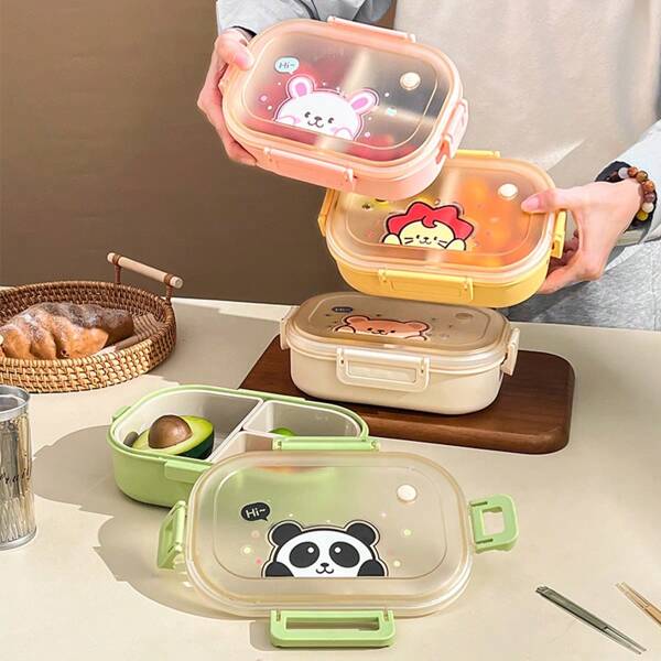 1 draagbare plastic lunchbox van 1000 ml met 3 compartimenten, schattige fruitsalade-bentobox met patroon, grote inhoud, verzegelde lekvrije lunchbox, afneembare box met vershoudfolie voor fruit, magnetronbestendig, geschikt voor studenten en volwassenen op school, op kantoor, bij kamperen in de buitenlucht, bij picknicks en op reis.