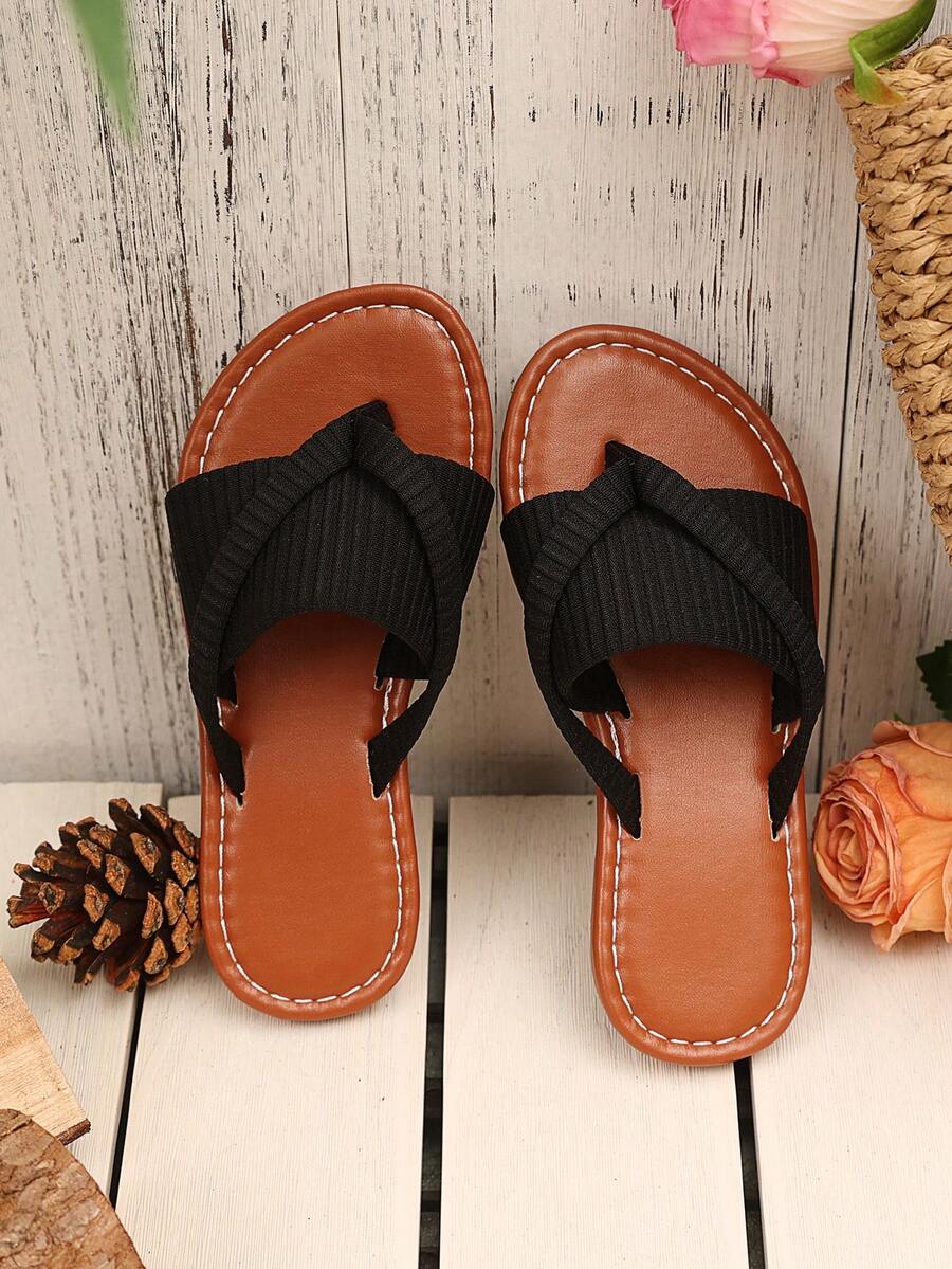 1 Pair Kids/Teens Plus Size Black Solid Color Slipper, Elastic Fabric Thong Design, Simple & Comfortable, TPR Non-Slip Flat Round Toe, Fashionable & Cute Roman Style Indoor/Outdoor Sandals For Spring/Summer - Black - View 1