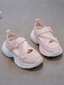 Girls' Hook And Loop Mesh Sports Sandals Summer New Cute Flower Open Toe Casual Shoes, Medium-Large Child Sizes
