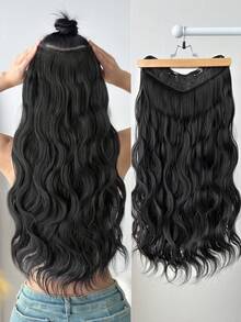 U-Shaped Clip In Hair Extensions Black Color 24 Inch Long Natural Wave Wavy Synthetic Hairpiece - Black - View 9