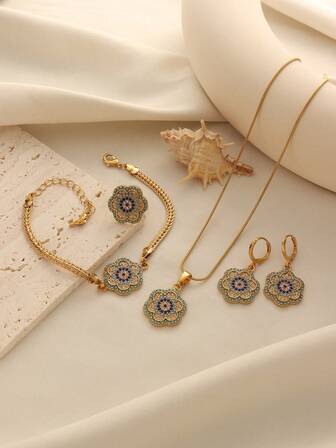 1 Set Gold Plated Copper Alloy Devil's Eye Flower Pendant, Earrings, Ring, Bracelet, Necklace Jewelry Set, Suitable For Women Daily Wear & Holiday Gift