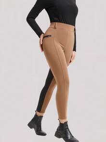 1 pieza Pantalones de montar para mujer con bolsillos con cremallera, mallas de equitación - Caqui - Ver 3
